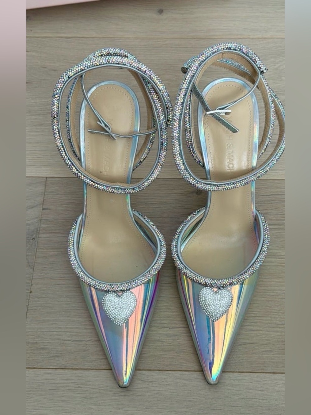MACH & MACH Iridescent Crystal-Heart Pointed Ankle-Strap Heels